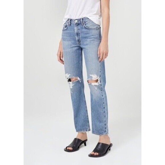 Agolde Jeans Blue Mia Mid Rise Straight Busted Knee 100% Organic Cotton 25